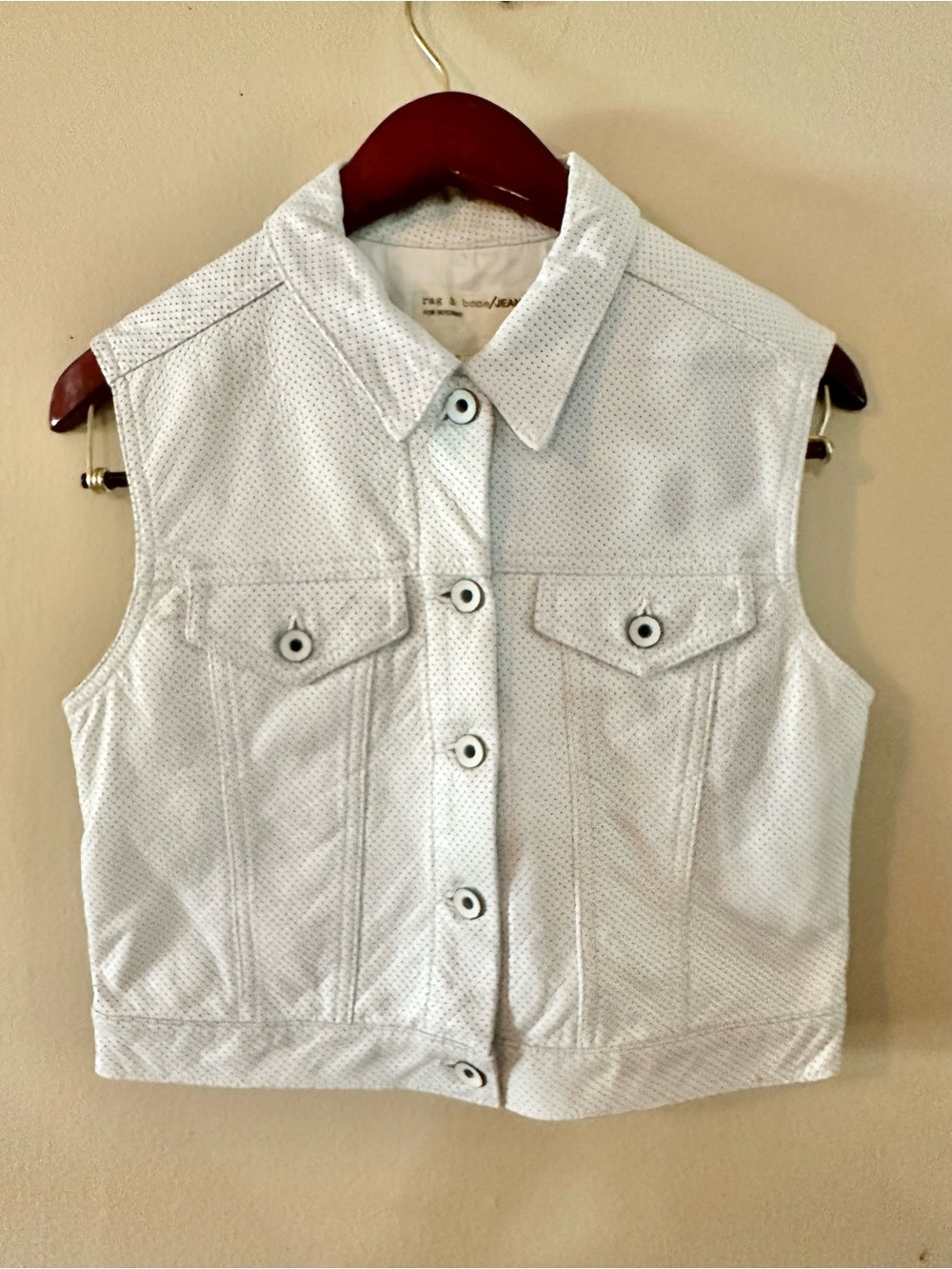 rag & bone White Sleeveless Perforated Lamb Leather Button-Front Vest, Sz S